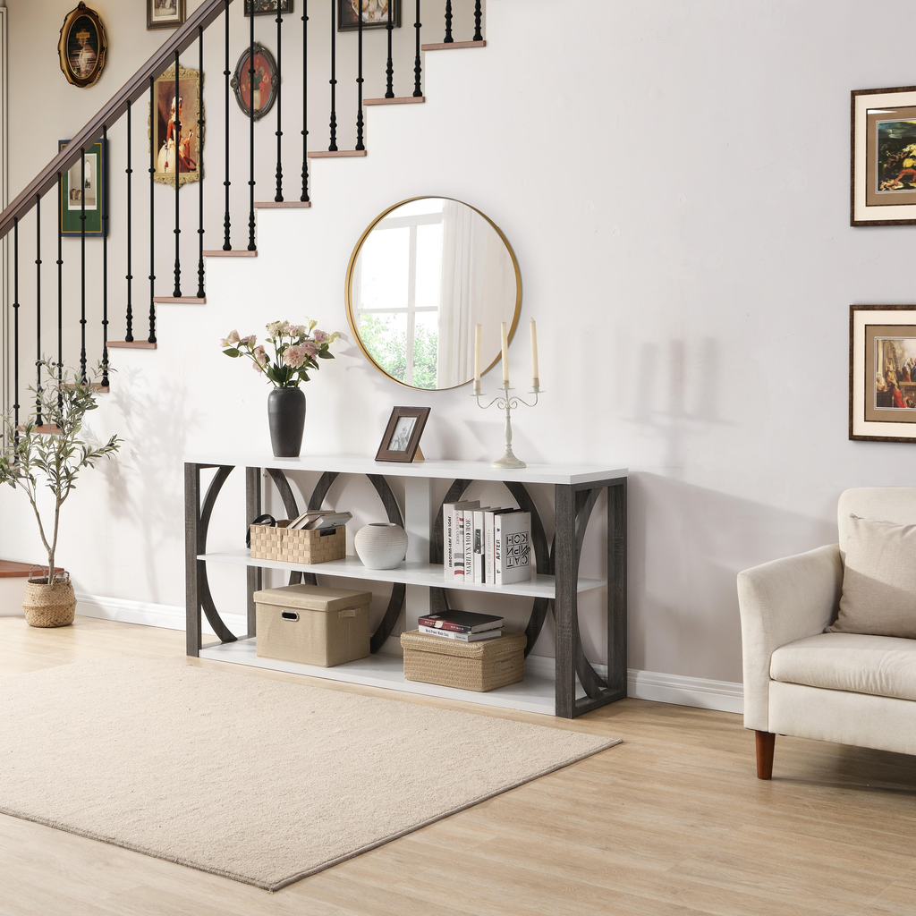 White and grey console table with open shelving