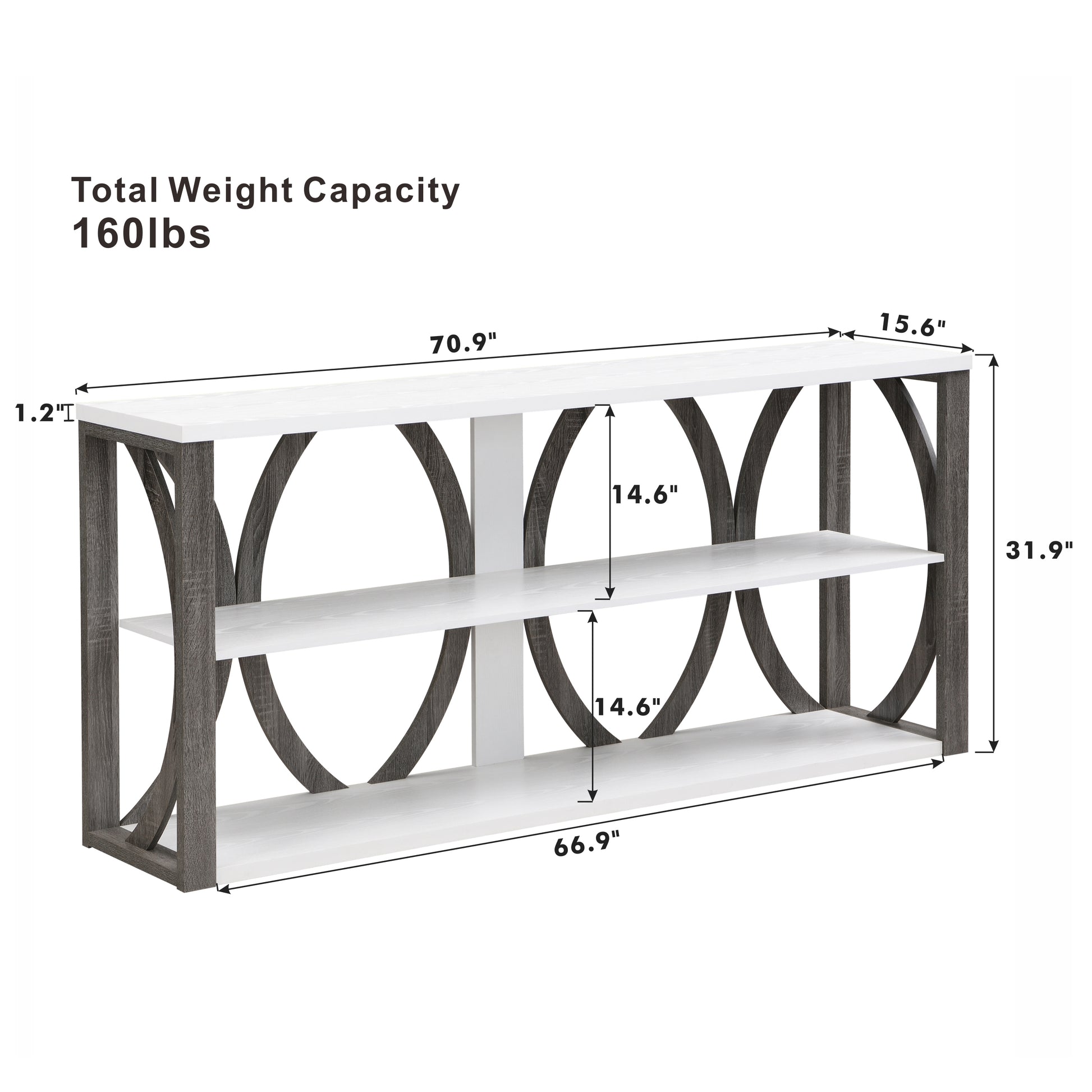 White and gray modern console table with open shelving