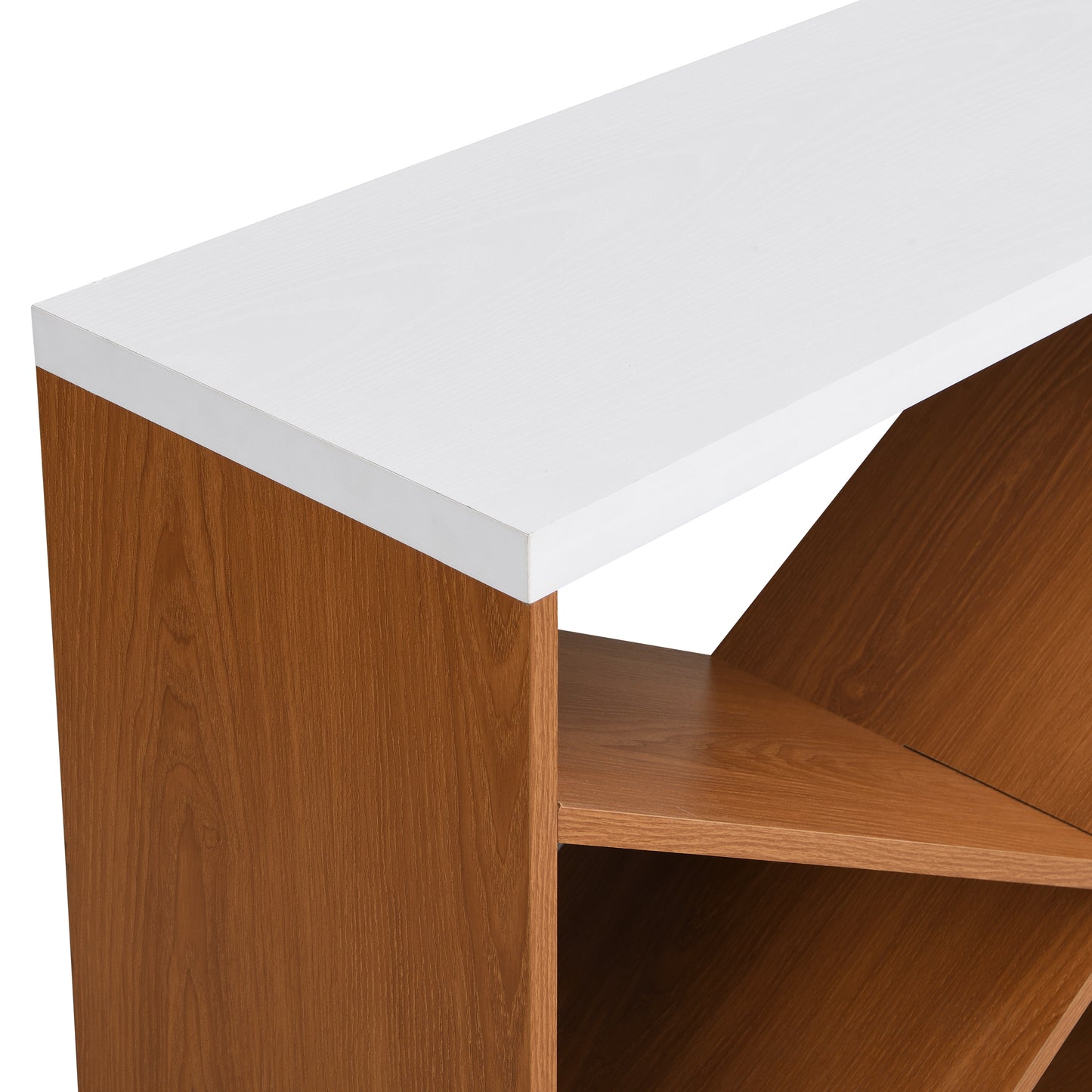 Modern media console with white top and wood grain base