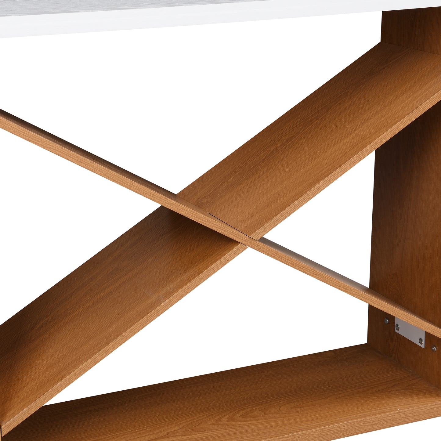 Modern wooden bookshelf with crossed shelves in oak finish