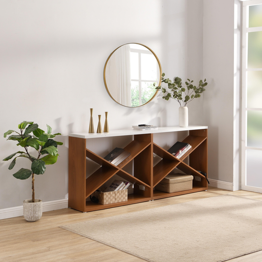 Walnut and white modern entryway console table with geometric shelving