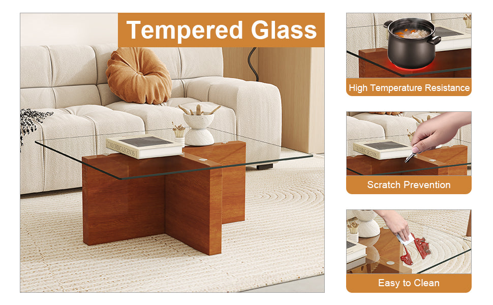 Modern coffee table with tempered glass top and wooden base in a living room