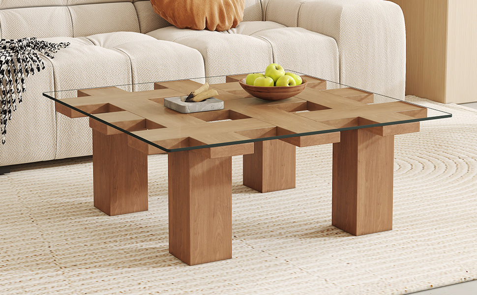 Modern wooden coffee table with glass top and geometric base