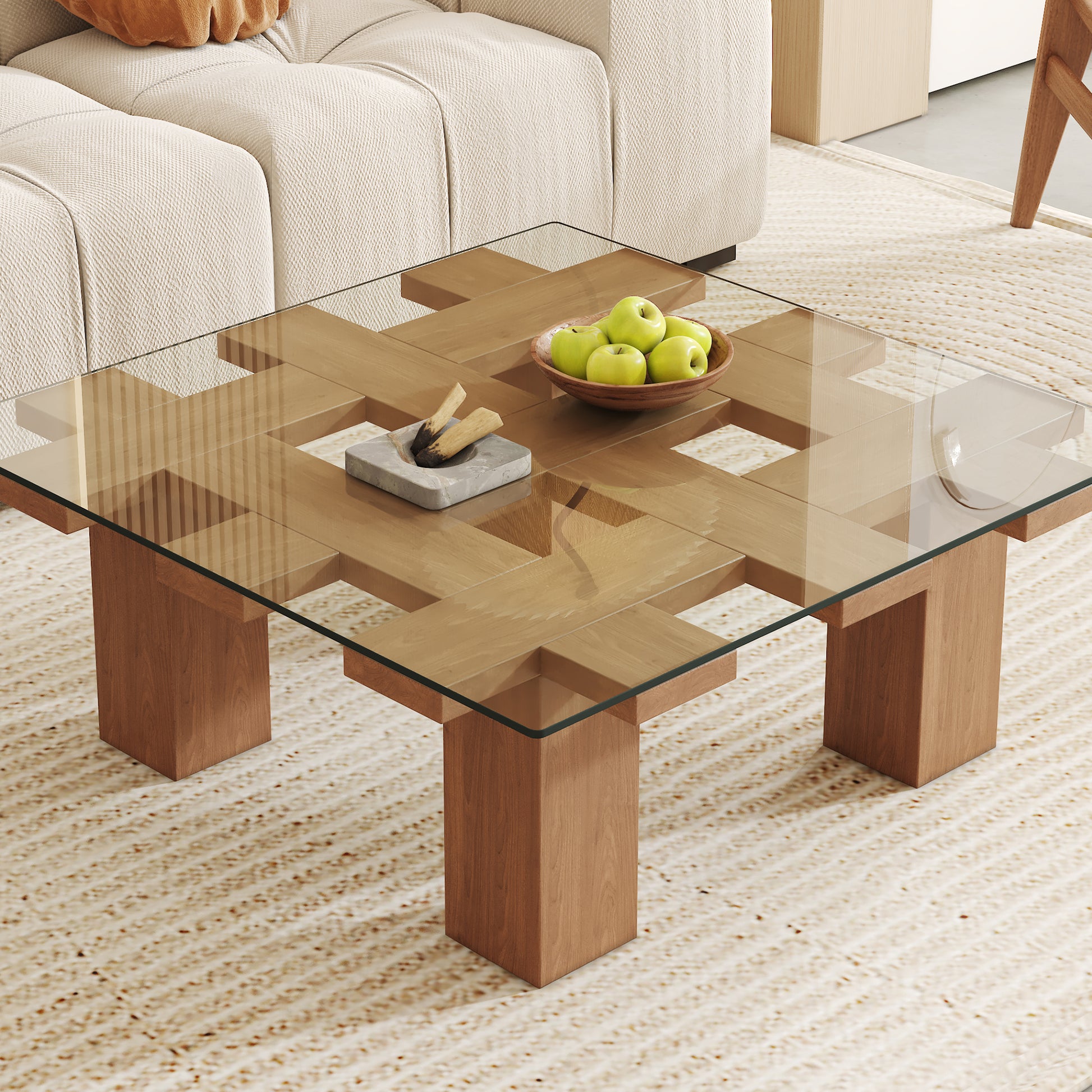 Modern glass top coffee table with wood base