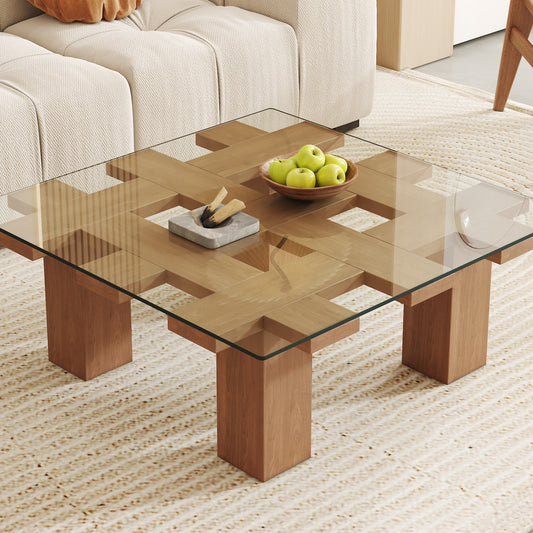 Modern glass top coffee table with wood base