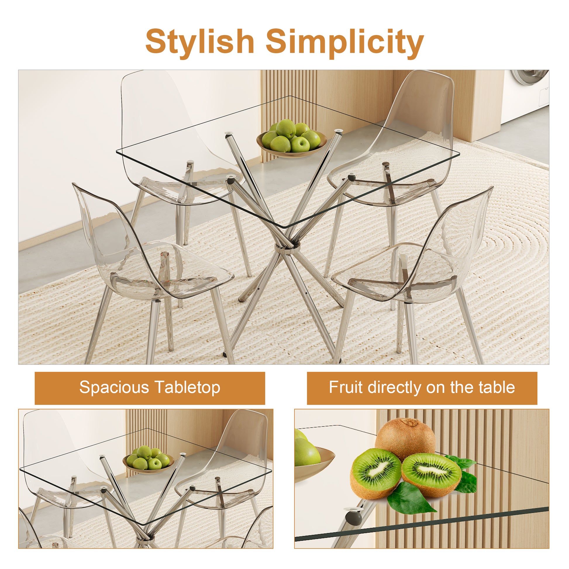 Modern glass dining table with chrome legs and four clear acrylic chairs