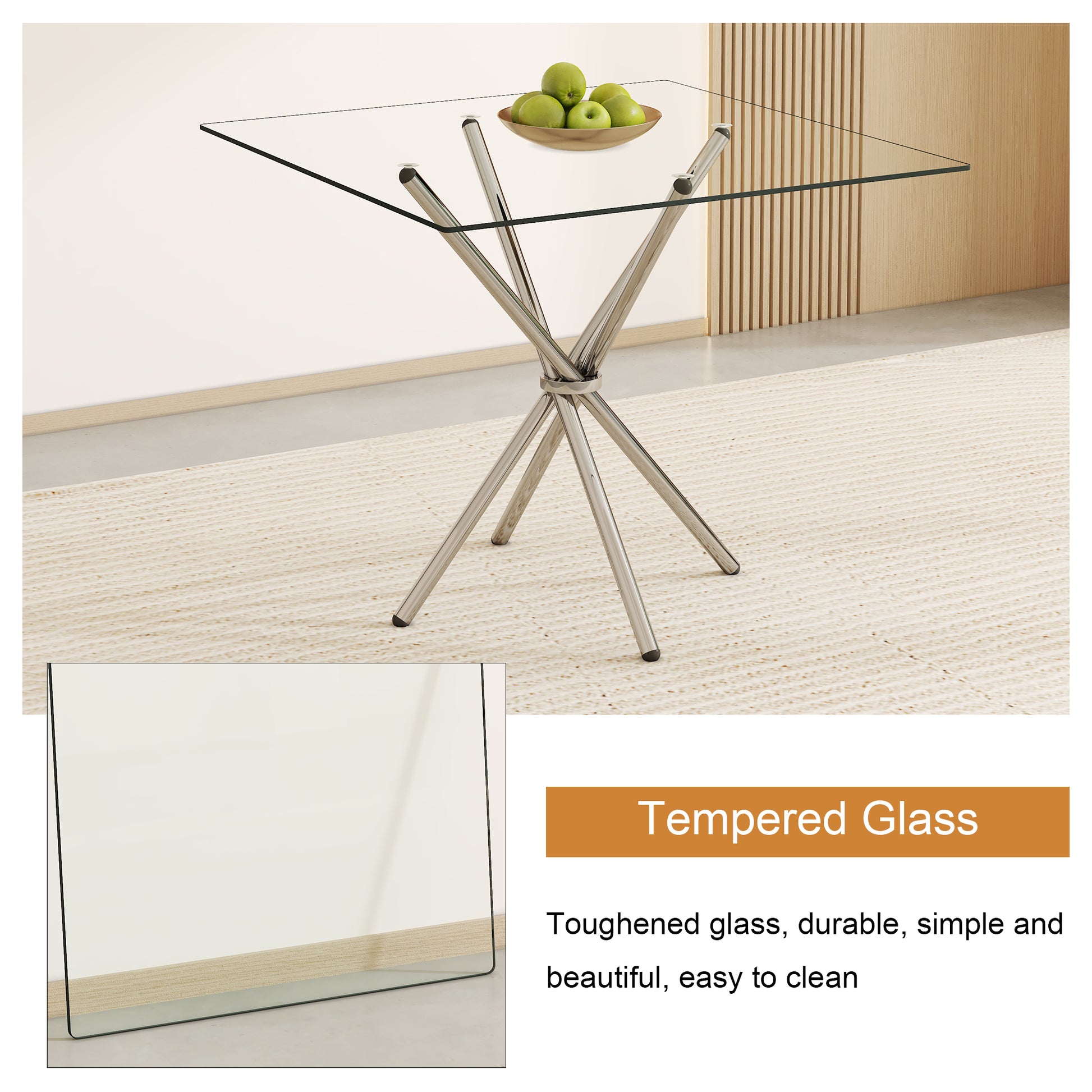 Square glass top dining table with polished chrome base and a bowl of apples