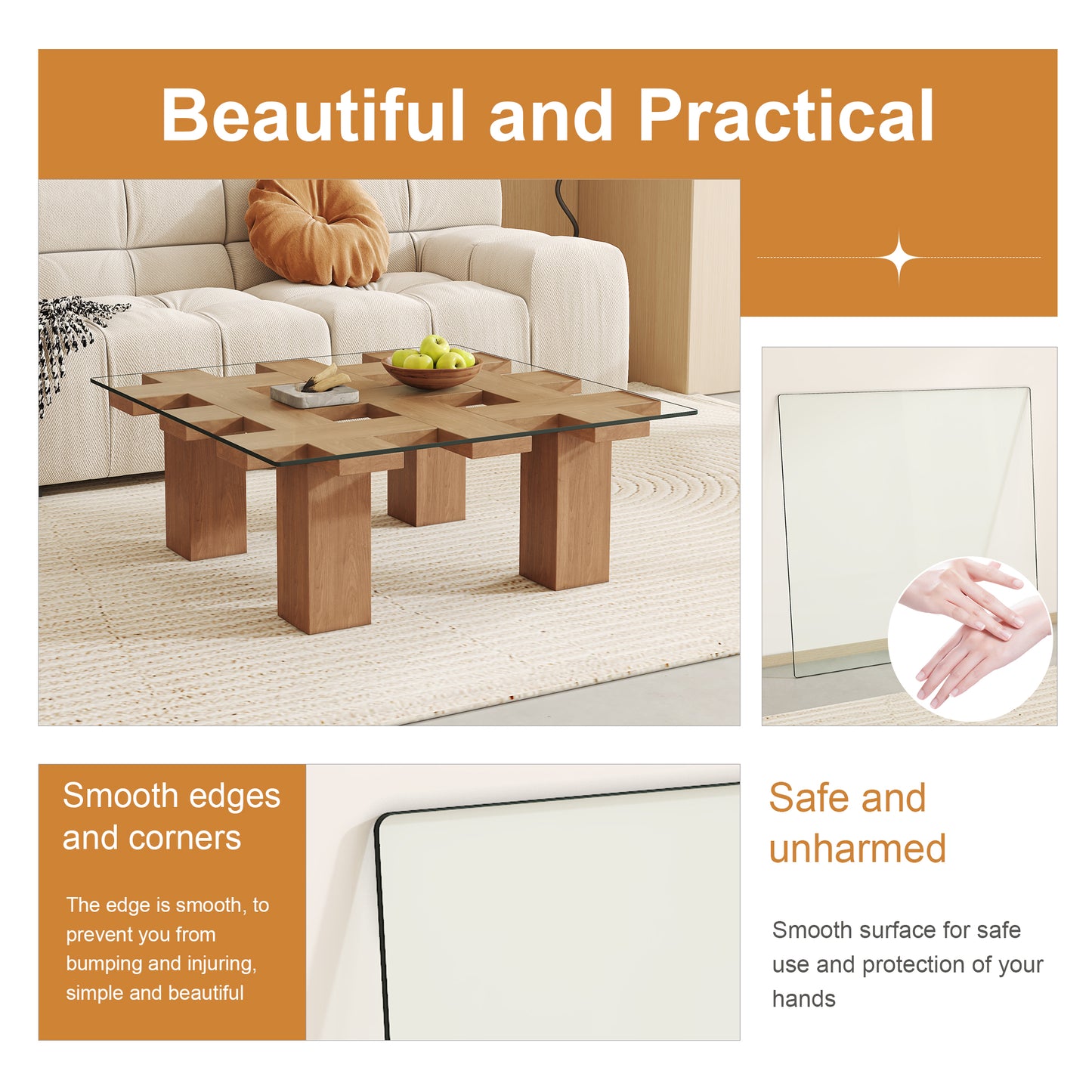 Square glass coffee table with a geometric wooden base on a textured rug
