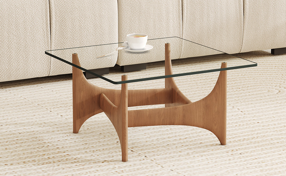 Midcentury modern wood and glass coffee table with curved legs