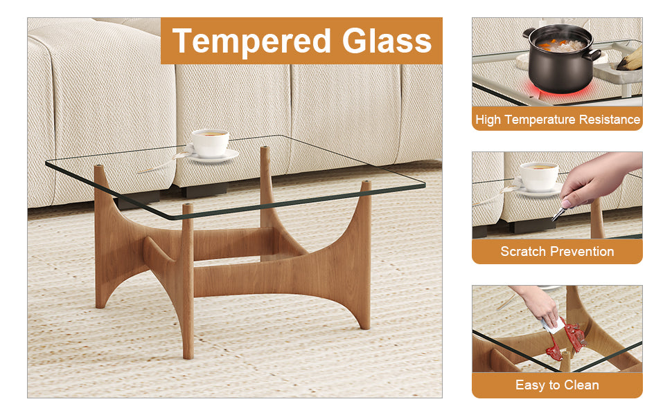 Modern square tempered glass coffee table with wooden base