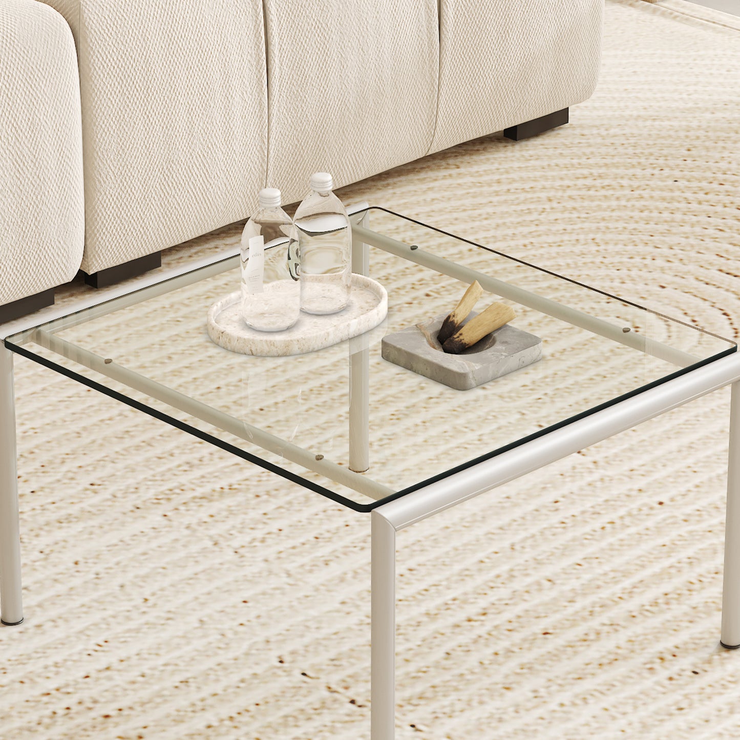 Square glass coffee table with minimalist metal frame
