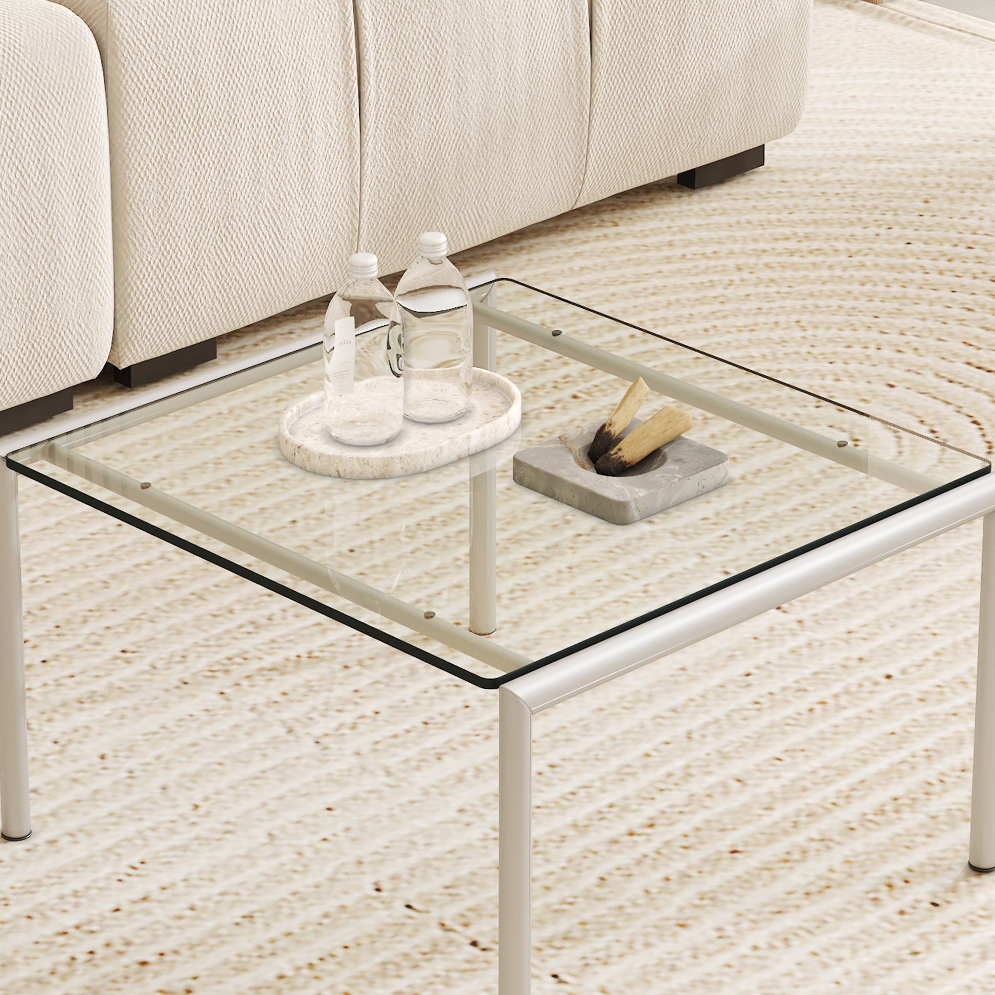 Square glass coffee table with minimalist metal frame
