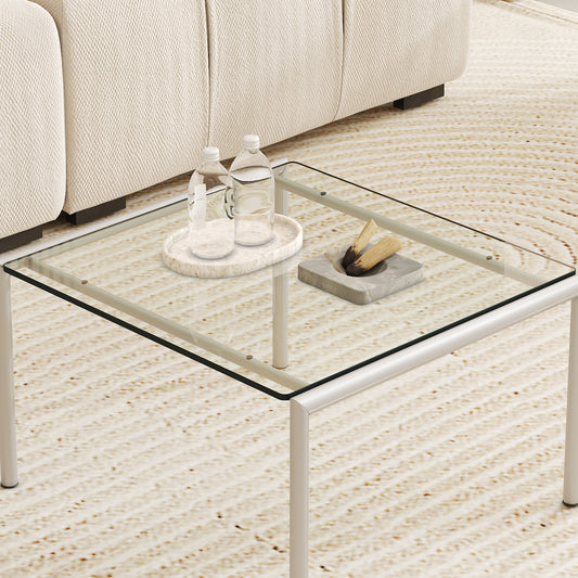 Square glass coffee table with minimalist metal frame