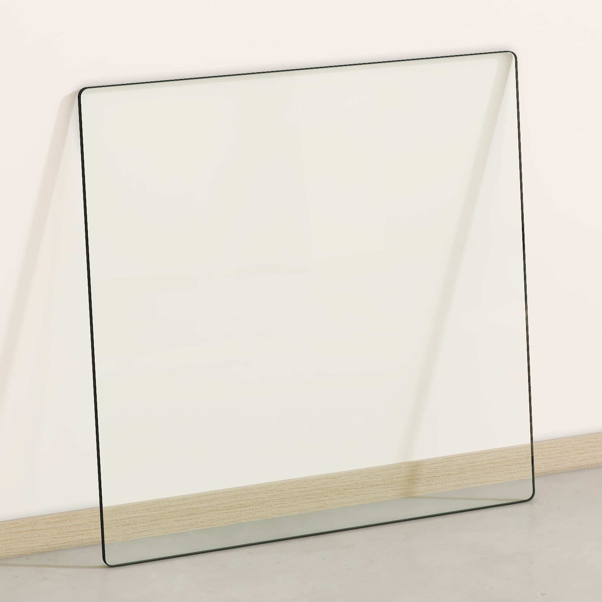 Square tempered glass tabletop with polished edges and a thin black trim
