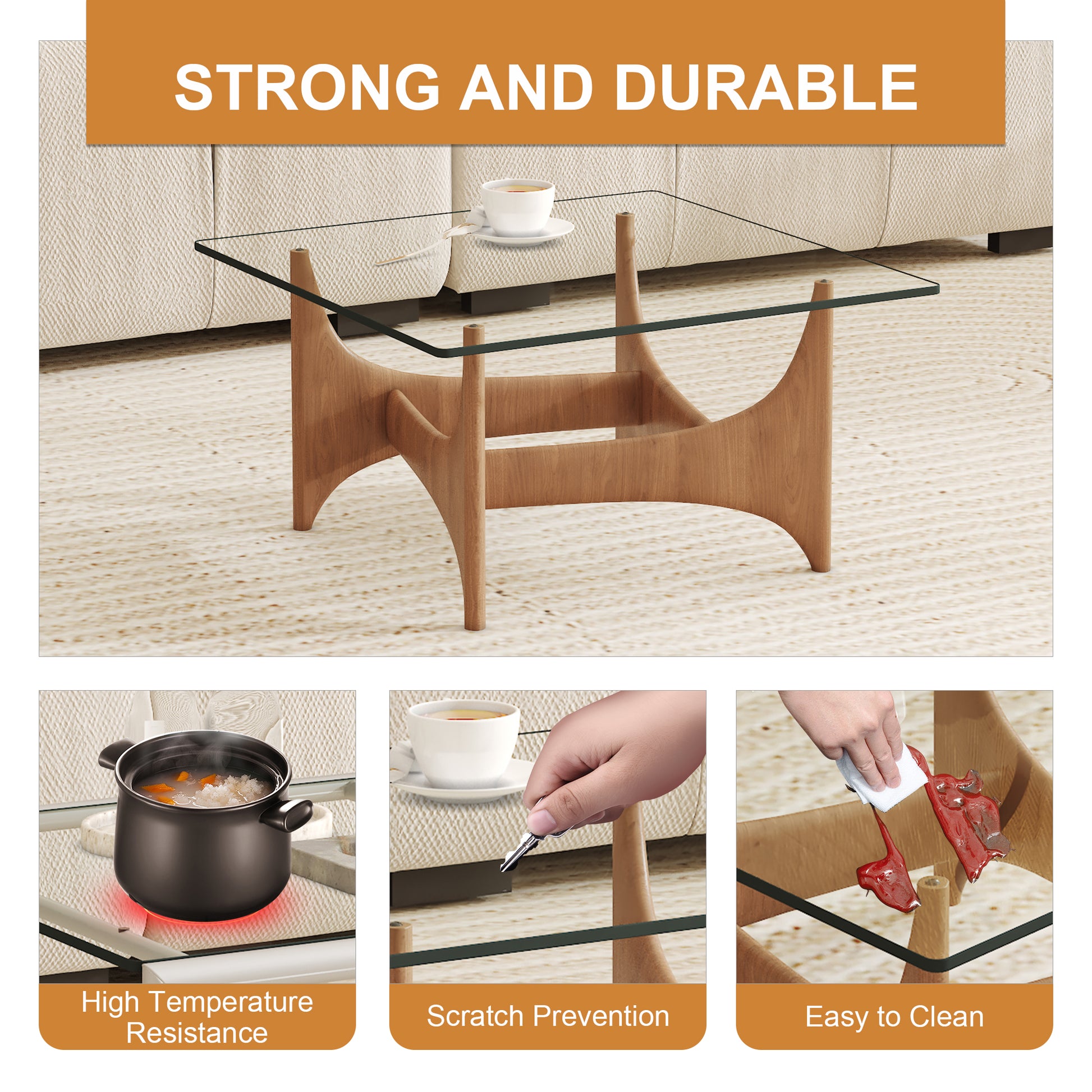 Modern glass coffee table with sculpted wood base