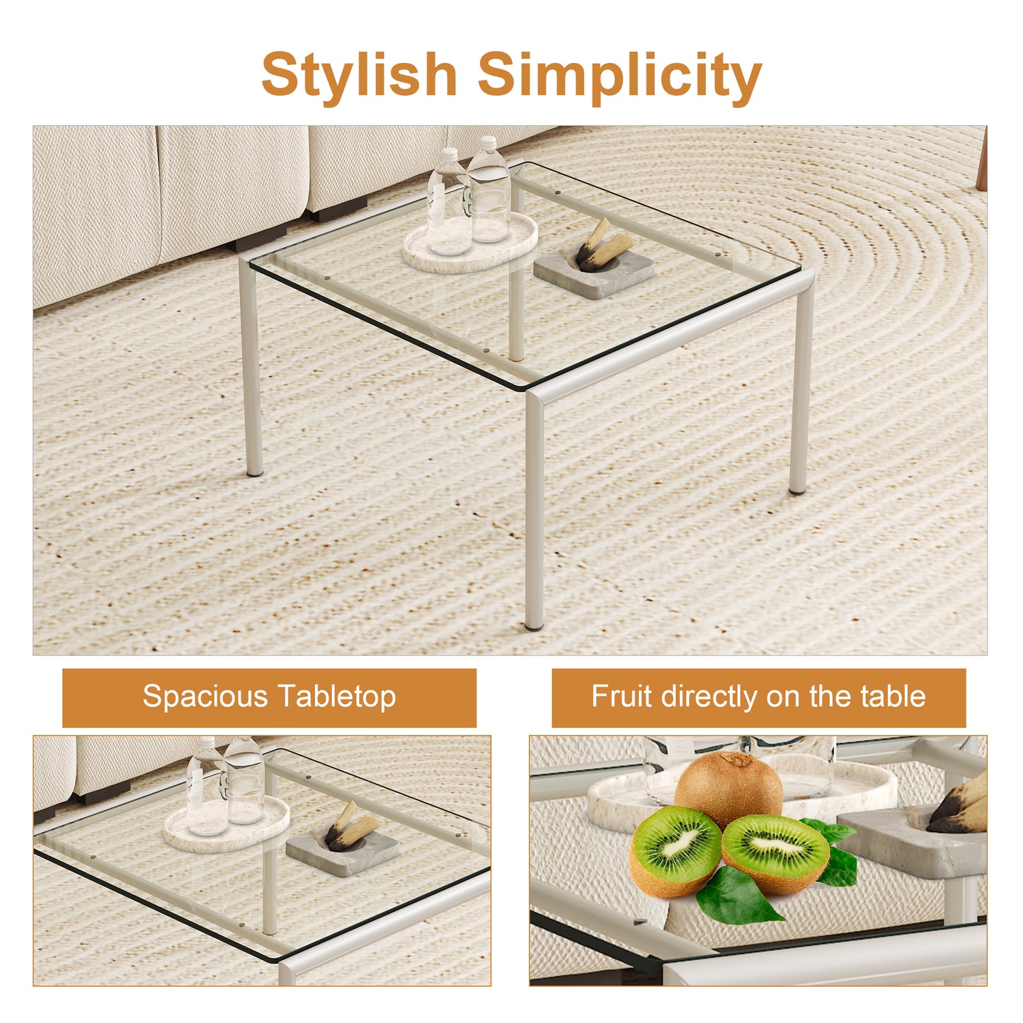 Modern glass coffee table with metallic frame