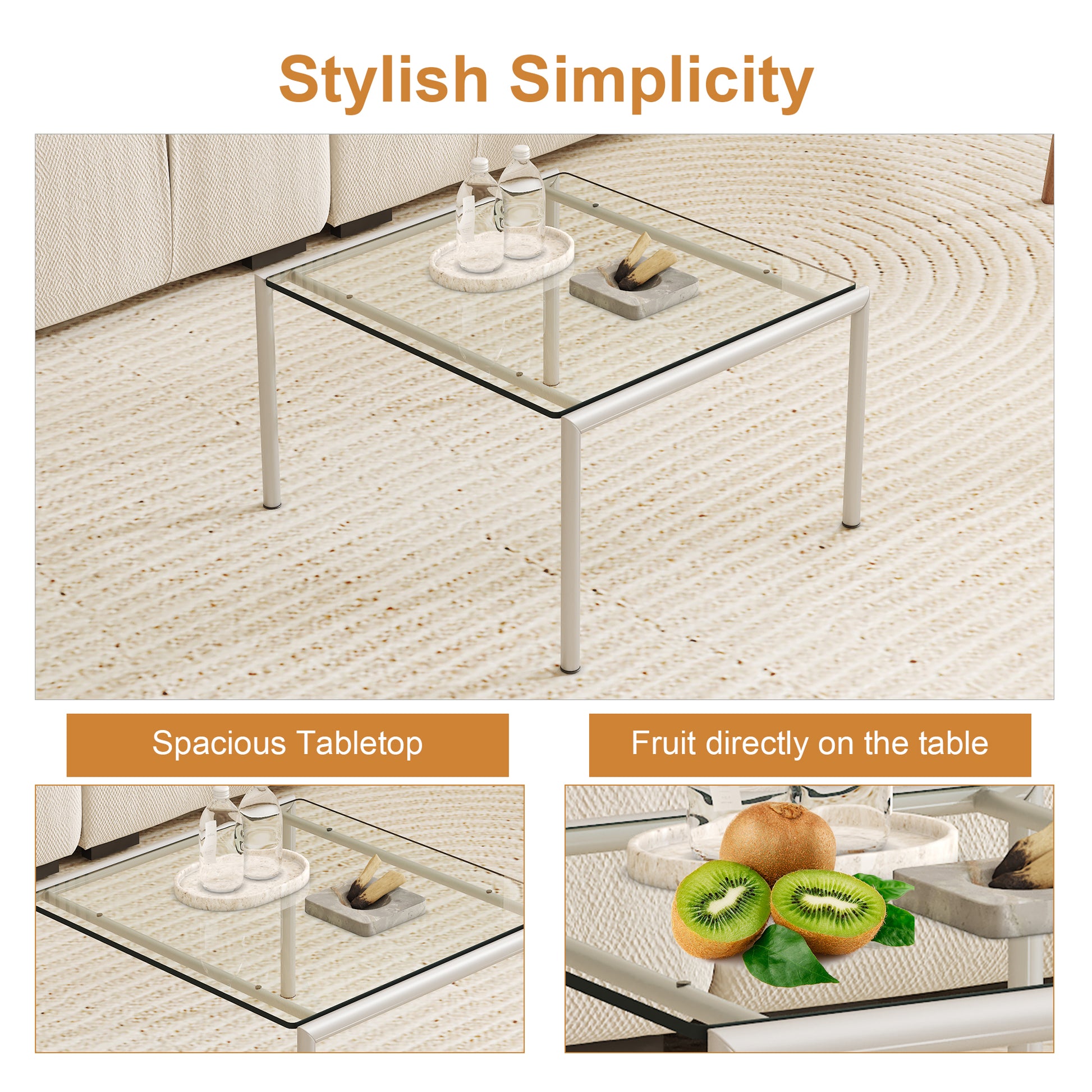 Modern glass coffee table with metallic frame