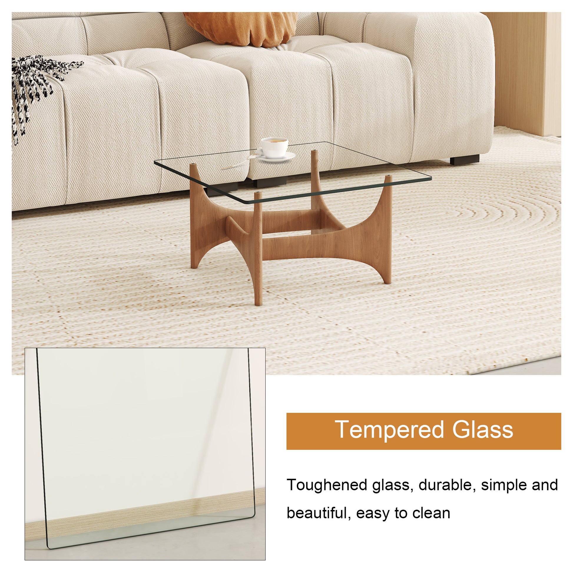 Clear tempered glass coffee table with curved wooden base