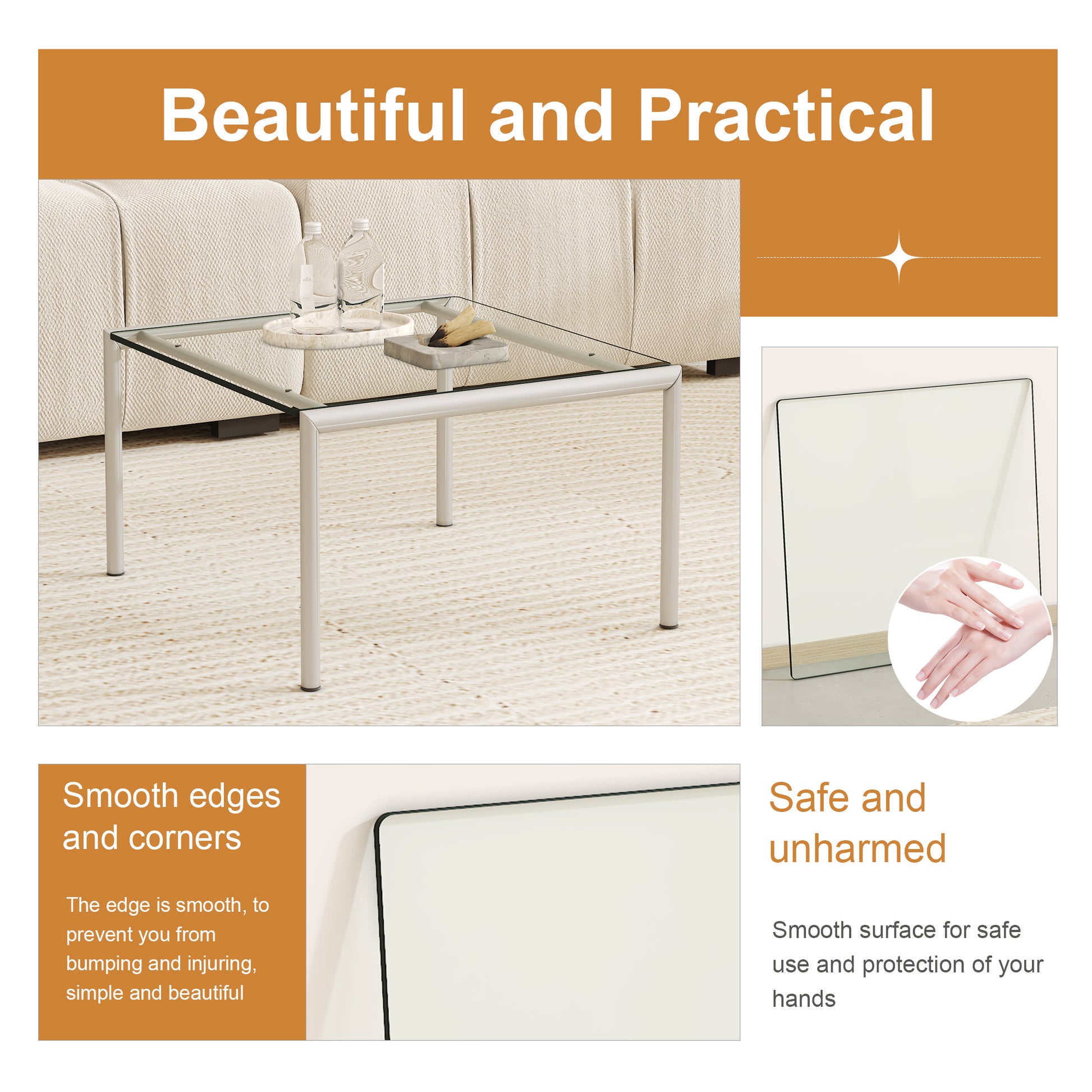 Square glass coffee table with metal frame and rounded corners perfect for modern living rooms