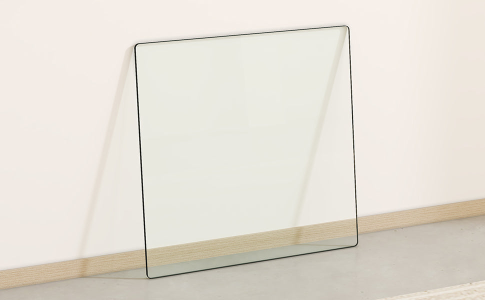 Square tempered glass shelf with rounded corners and thin black trim