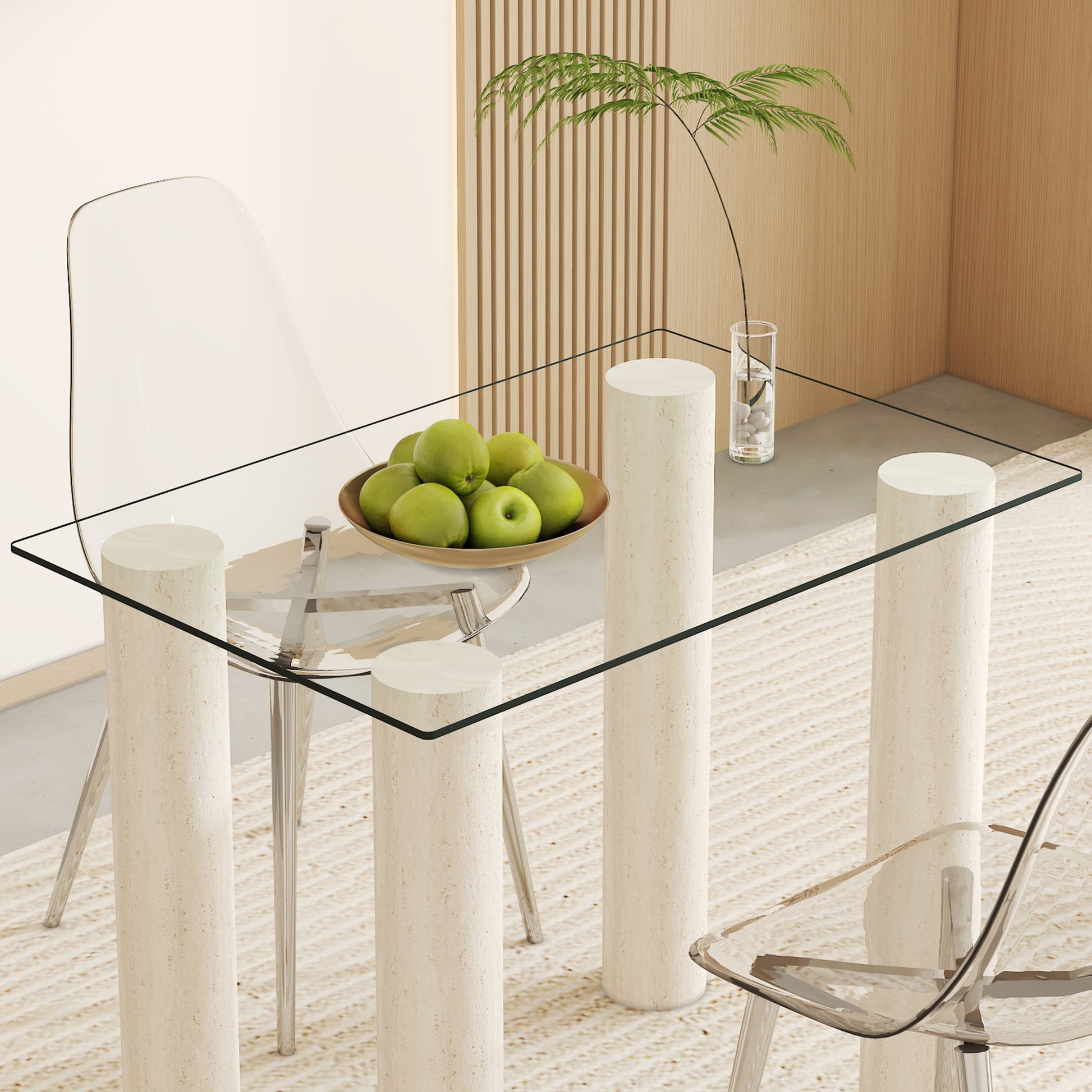 Modern glass dining table with stone pedestal legs