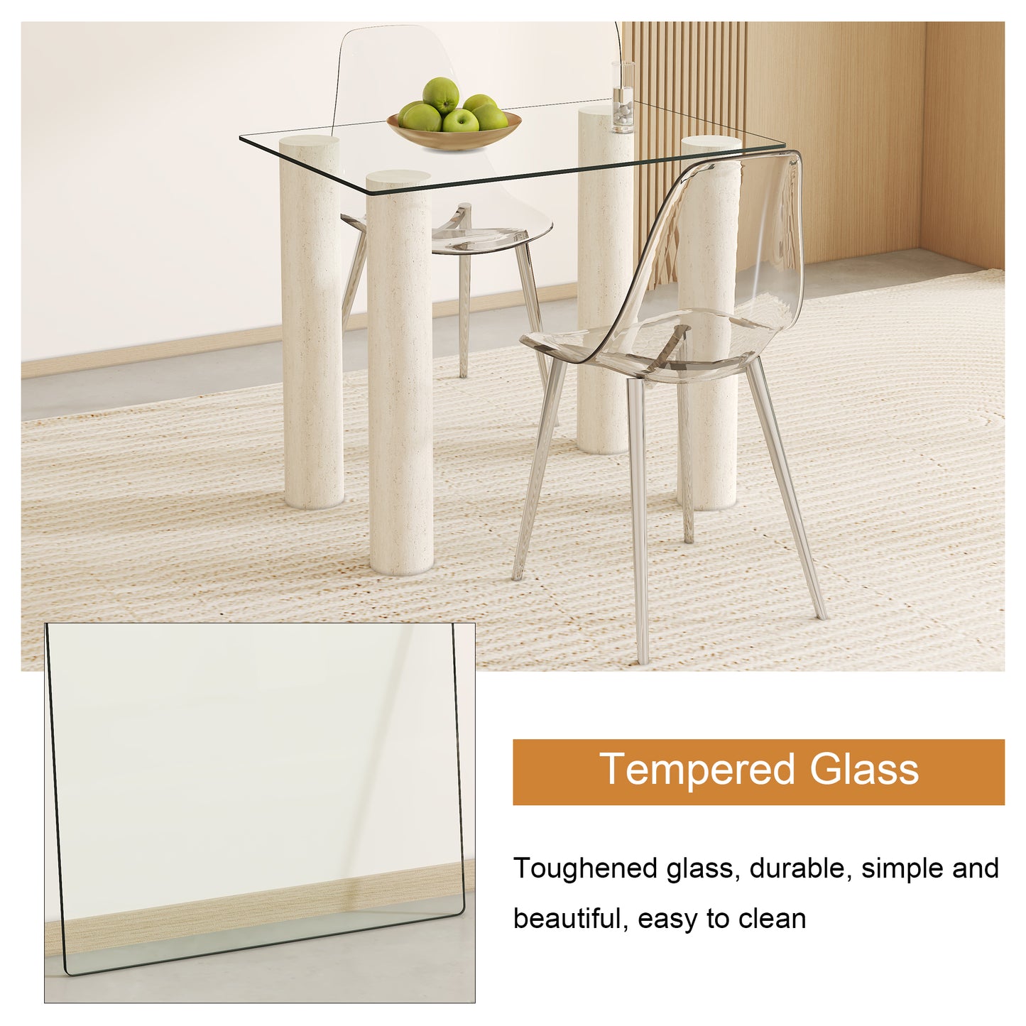 Clear tempered glass tabletop with modern columnar base