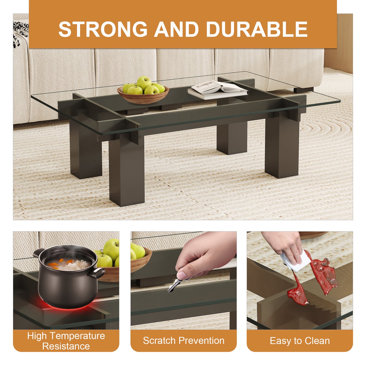 Modern glass coffee table with dark metal frame