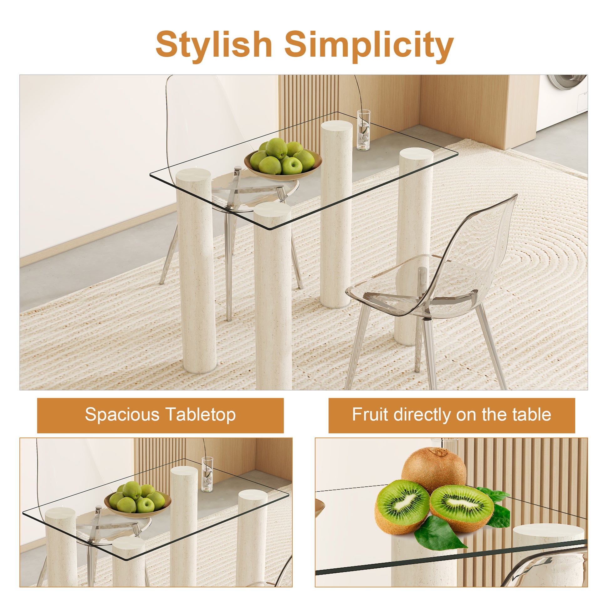 Modern glass dining table with cylindrical stone legs