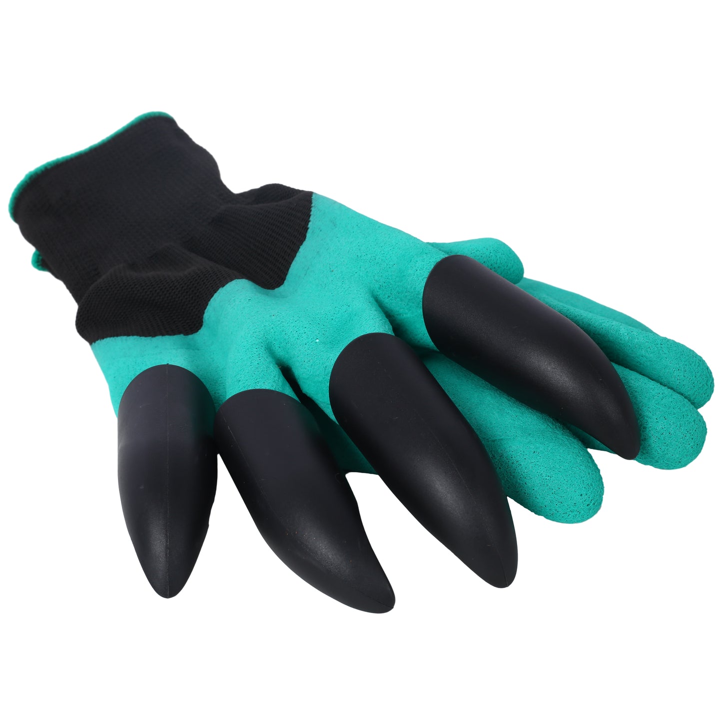 Green and black gardening gloves with integrated claw tips for digging and planting