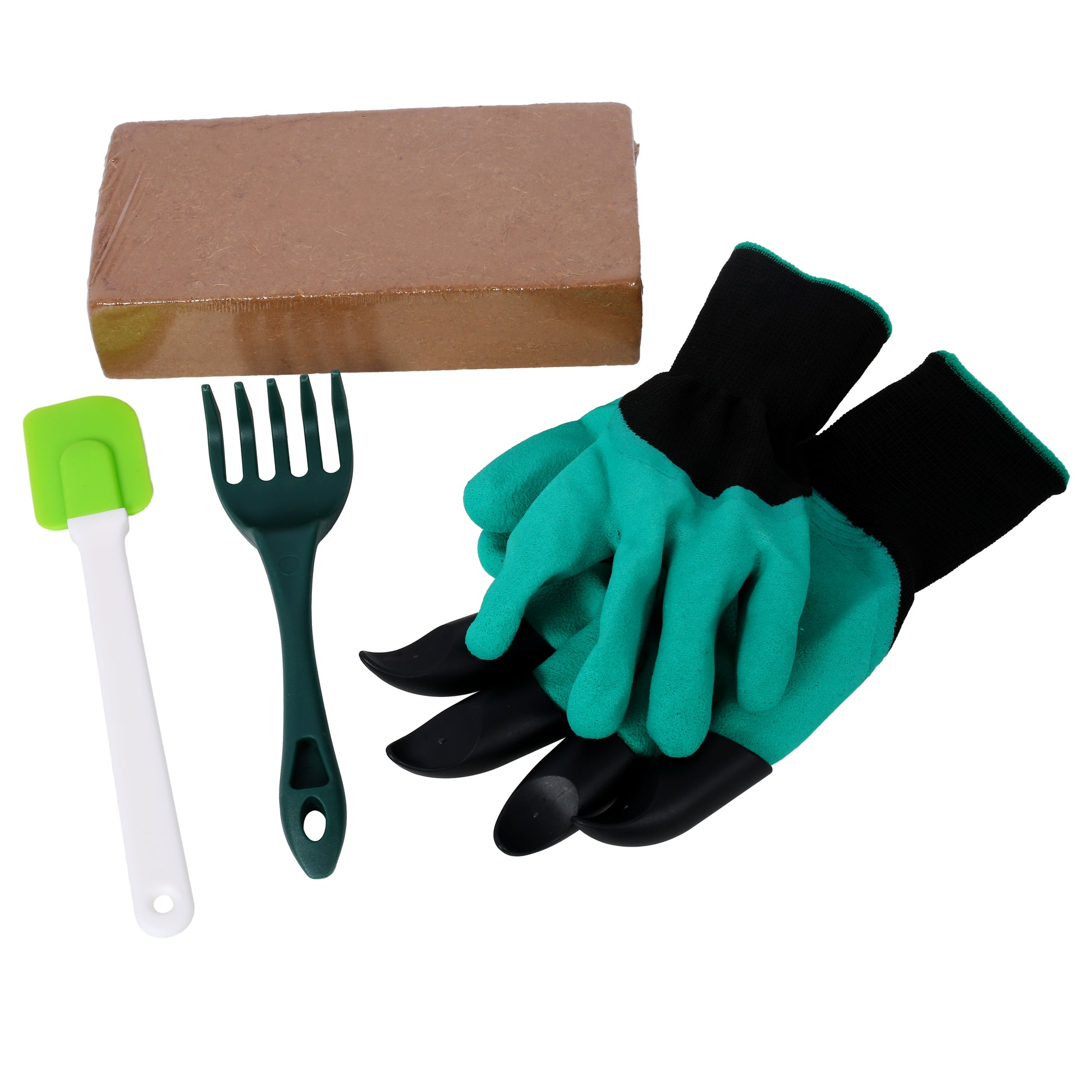 Gardening tool set with green gloves and hand trowel