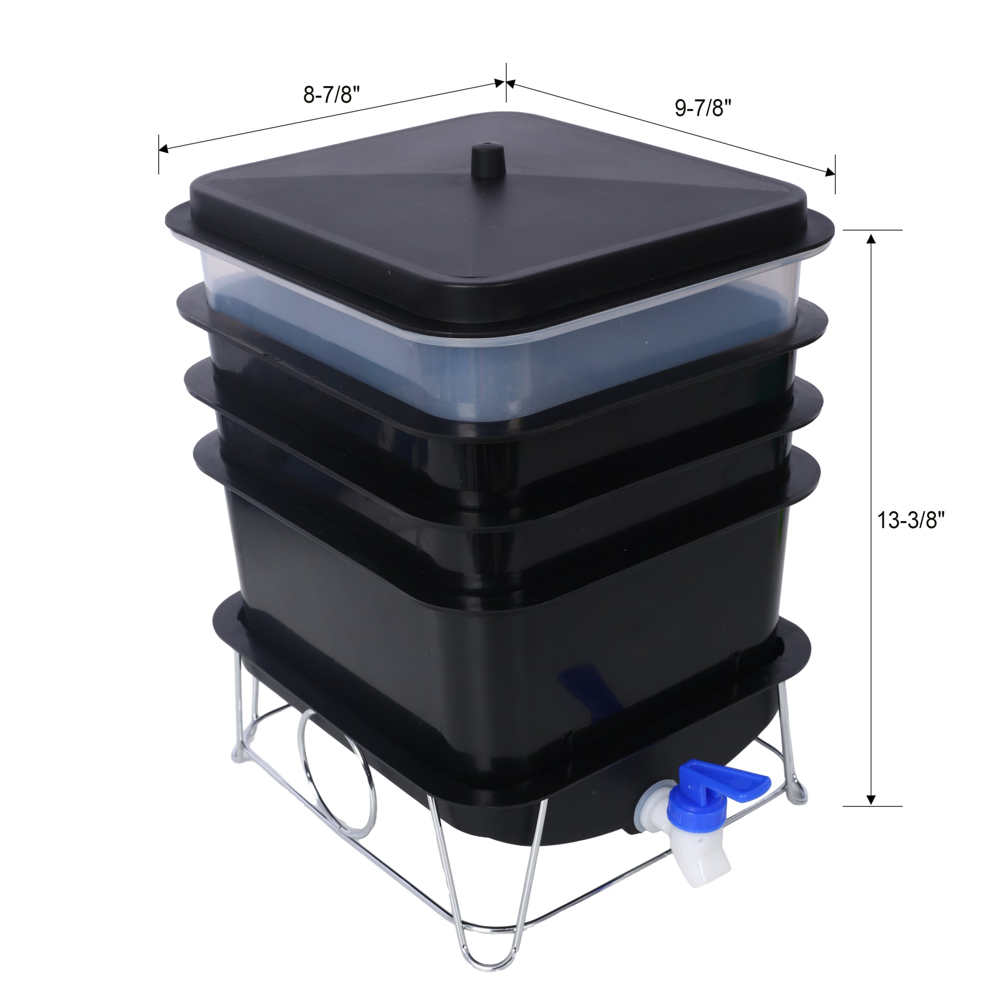 Black multitier compost bin with a blue spigot and dimensions labeled