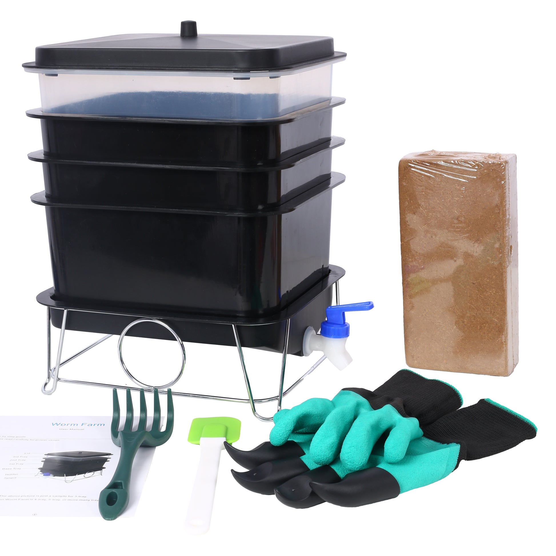 Black stacked worm farm with spigot gardening gloves tool and coir brick