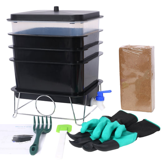 Black stacked worm farm with spigot gardening gloves tool and coir brick
