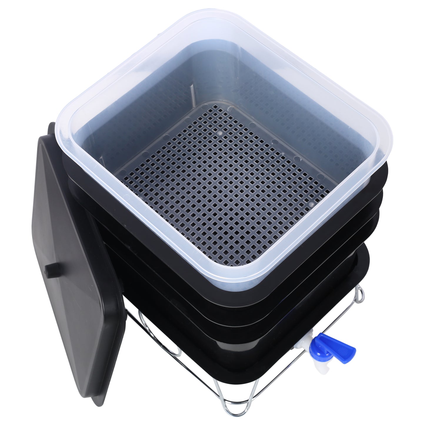 Stackable black worm composting bin with clear lid and drainage spigot