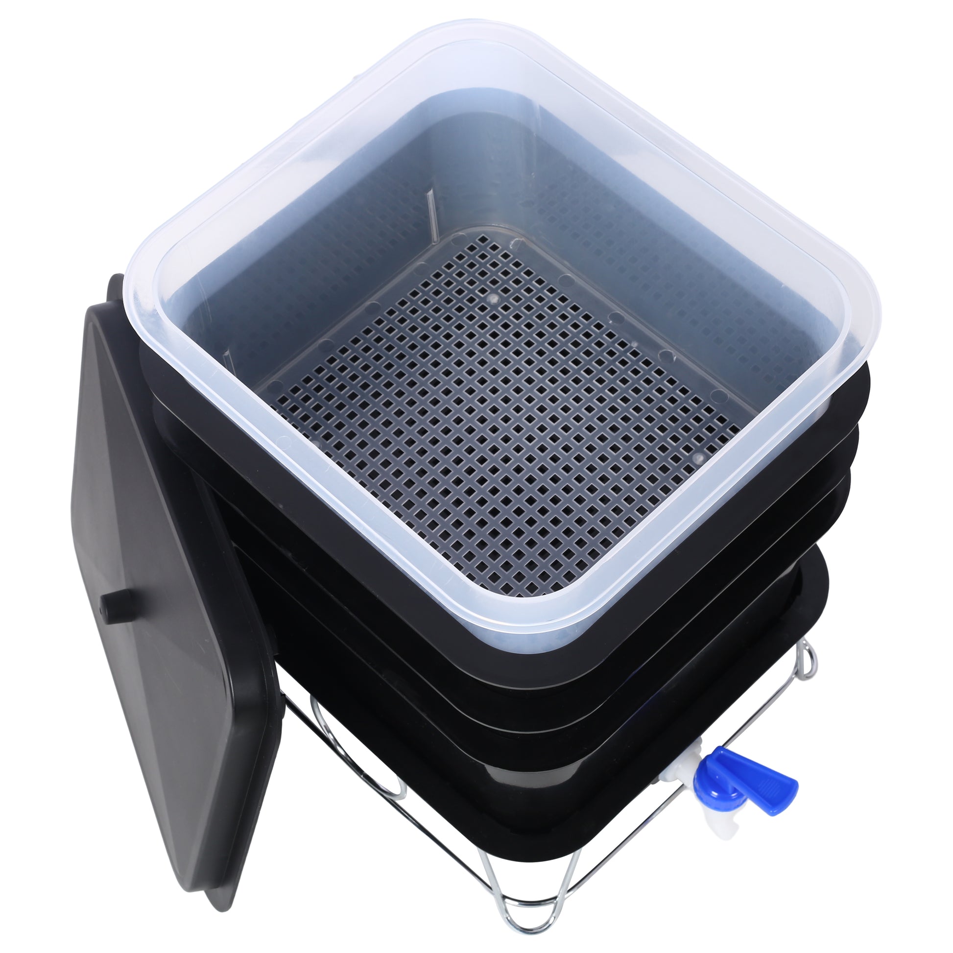Stackable black worm composting bin with clear lid and drainage spigot