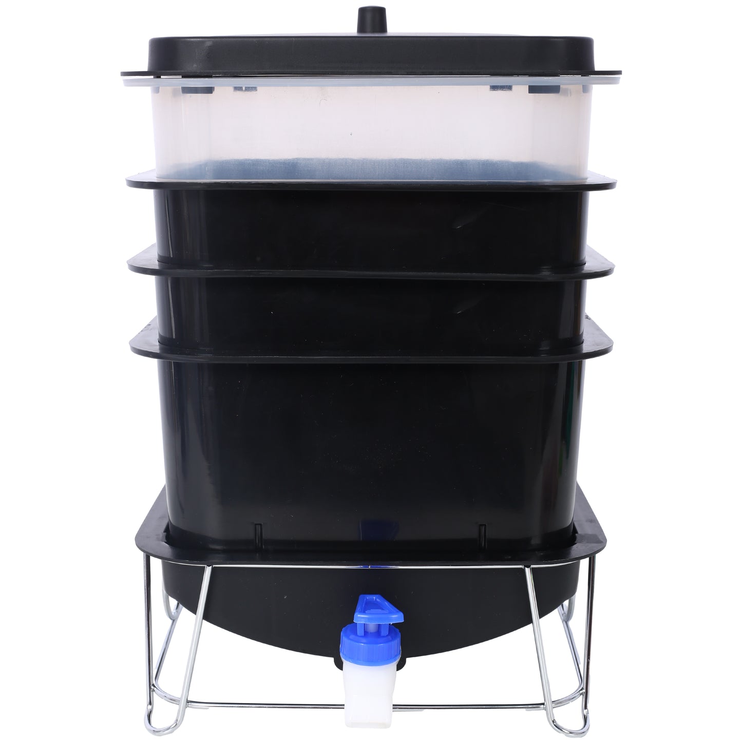 Black tiered vermicompost bin with clear compost trays and a spigot