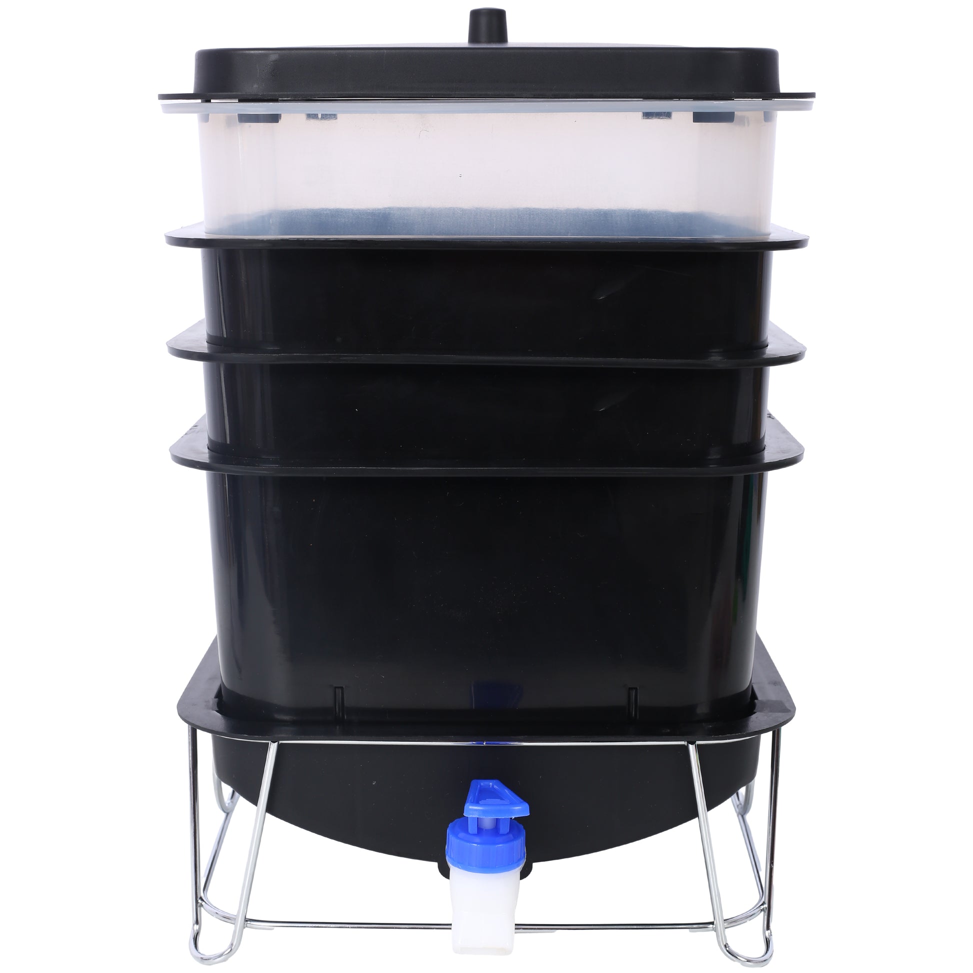 Black tiered vermicompost bin with clear compost trays and a spigot