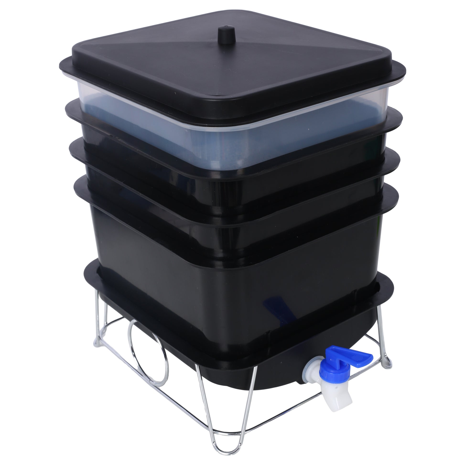 Stacking black plastic worm bin with transparent trays and chrome stand