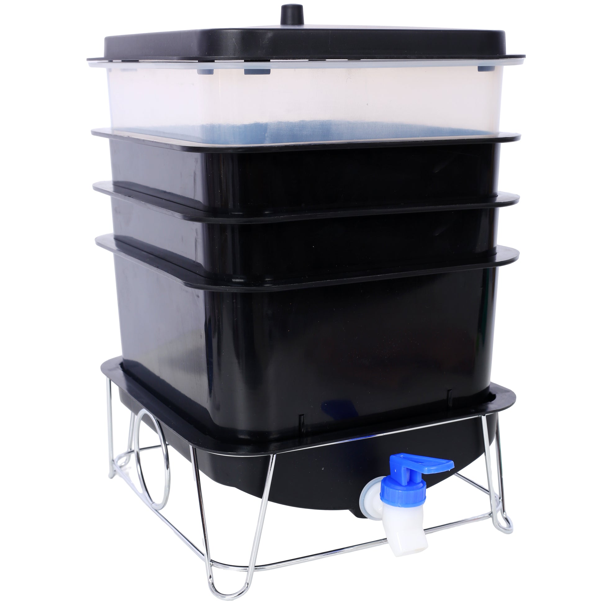 Black tier worm farm composter with blue spigot on chrome stand