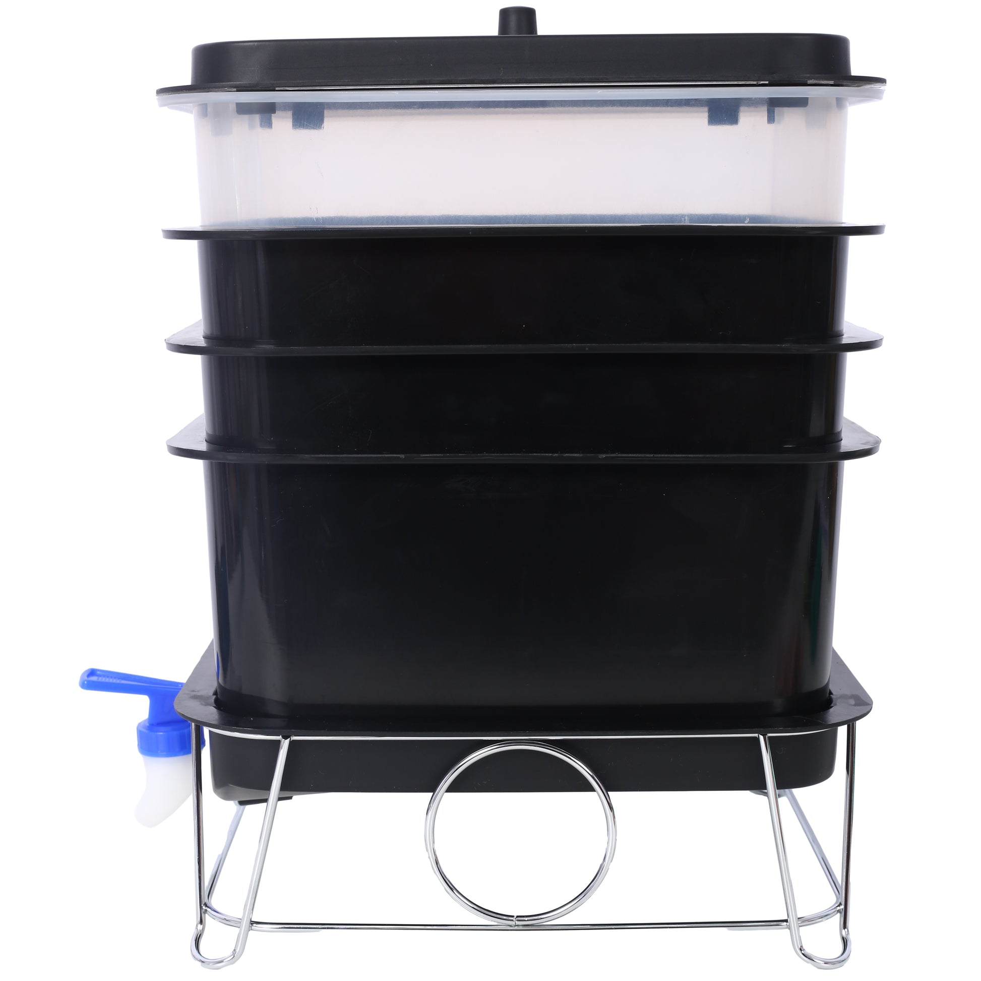 Black tier compost bin with spigot and metal stand