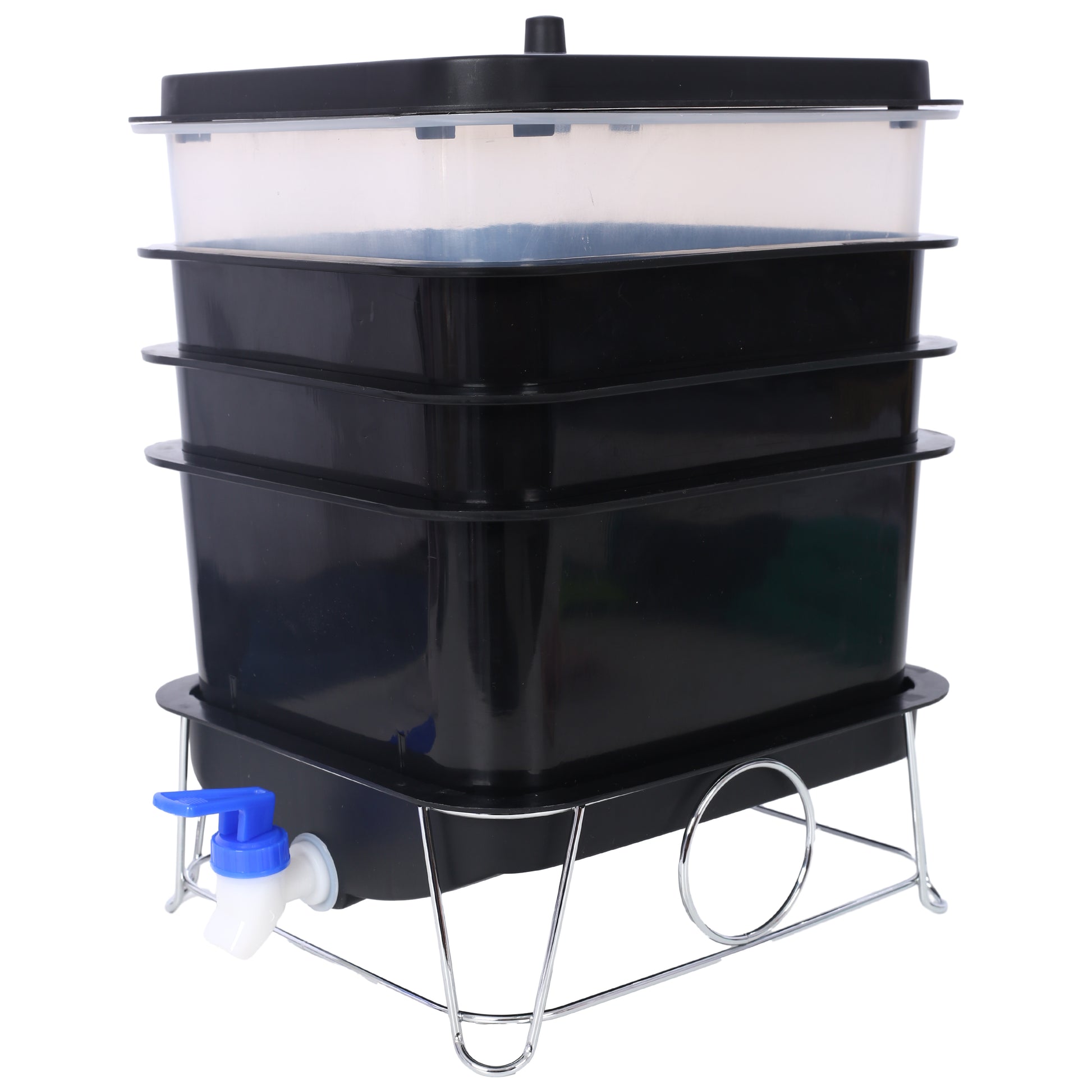 Black threetier compost bin with a clear top tray and spigot