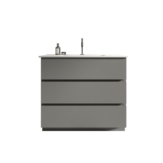 Modern gray bathroom vanity with three deep drawers and a sleek countertop