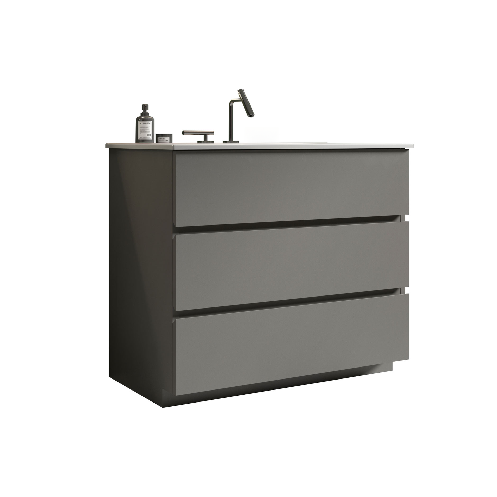 Modern grey vanity with three drawers and a minimalist faucet