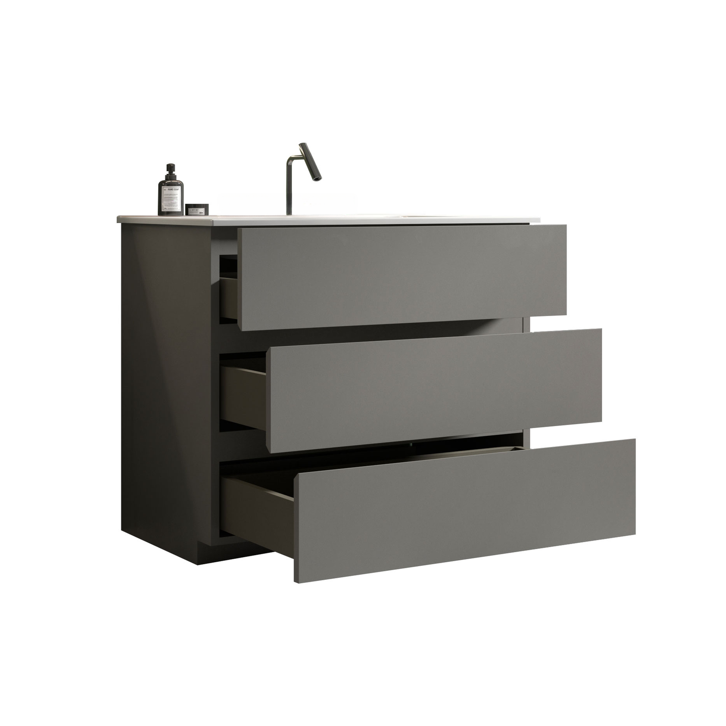 Modern gray bathroom vanity with three drawers and a black faucet