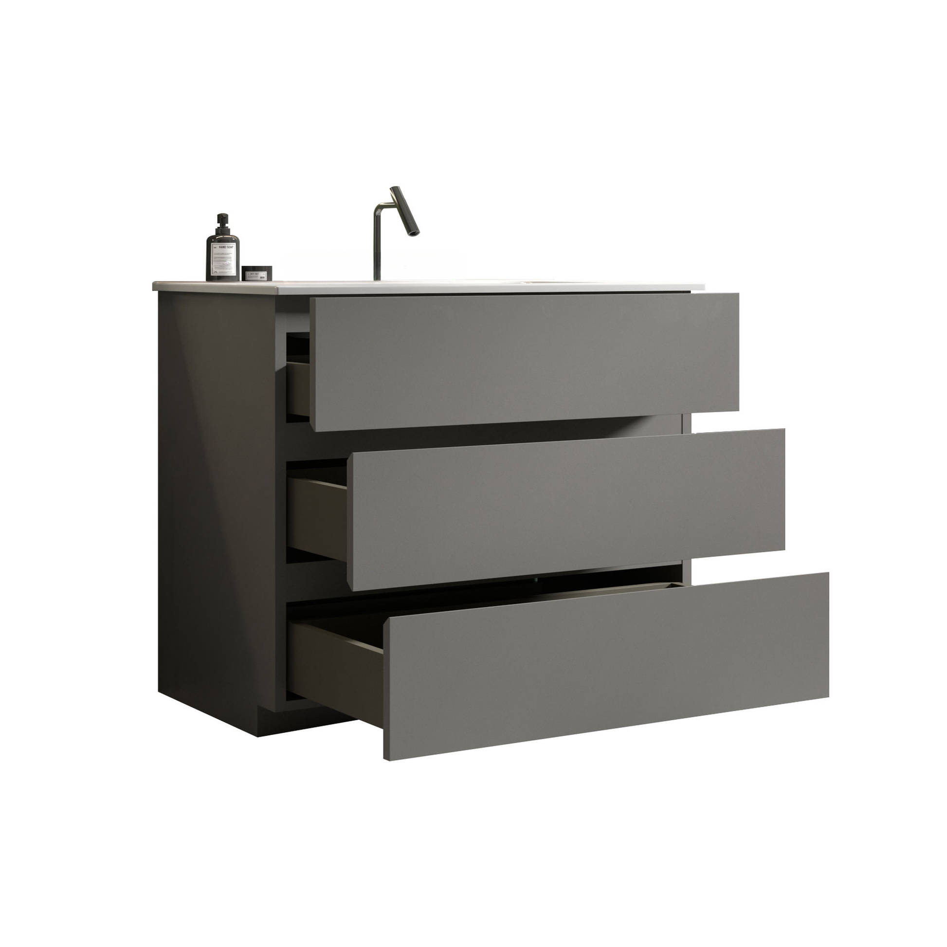 Modern gray bathroom vanity with three drawers and a black faucet