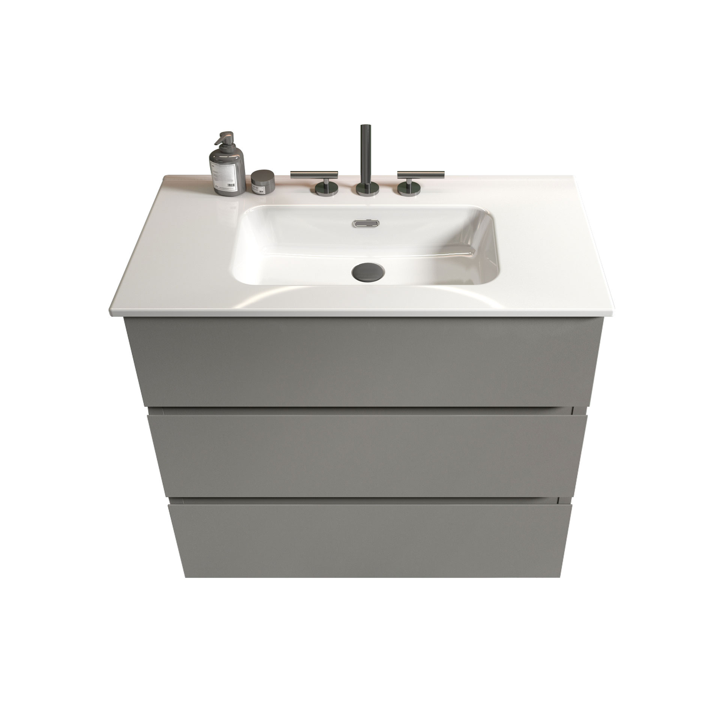 Modern grey vanity with a white ceramic basin and chrome faucet