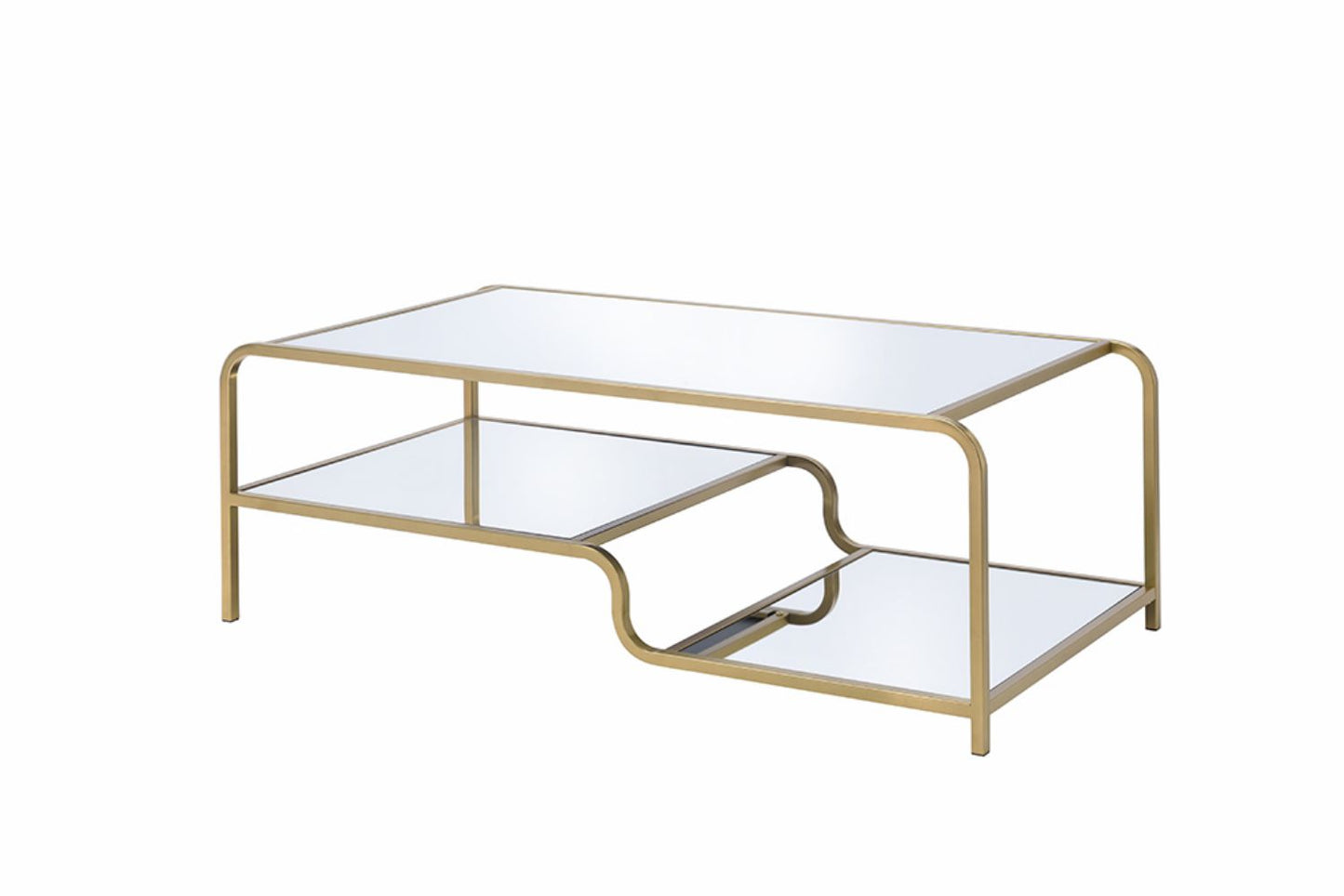 Modern gold coffee table with two glass shelves
