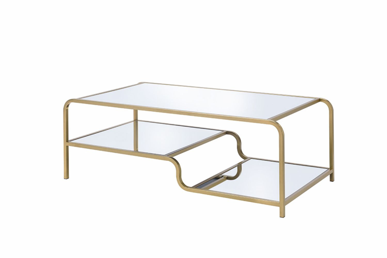 Modern gold coffee table with two glass shelves