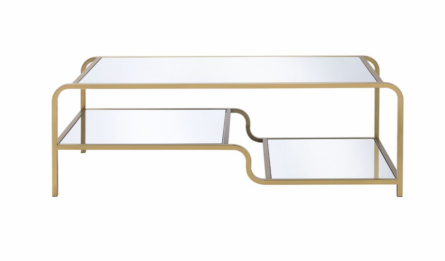 Gold metal coffee table with mirrored shelves and modern design