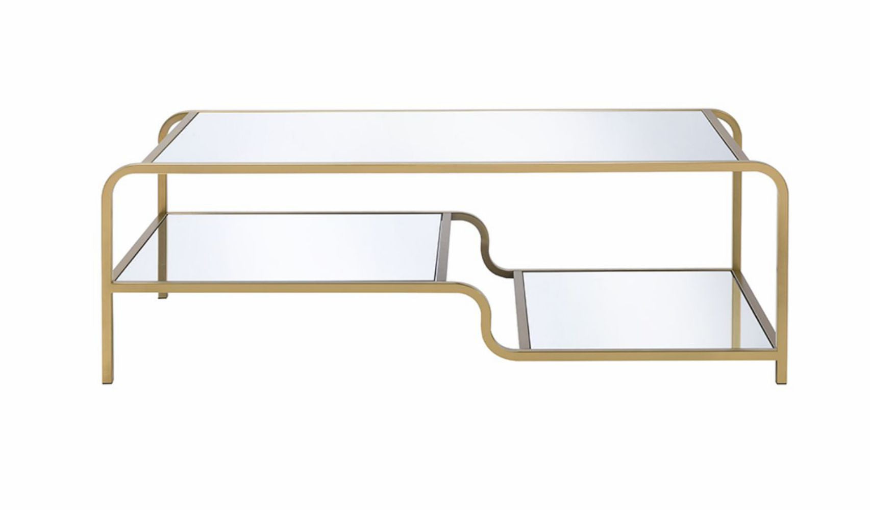 Gold metal coffee table with mirrored shelves and modern design